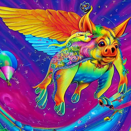 Prompt: lisa frank flying pigs painting by android jones