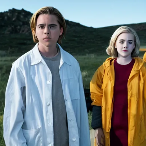 Prompt: kiernan shipka as sabrina spellman and cole sprouse with walter white, still from breaking bad