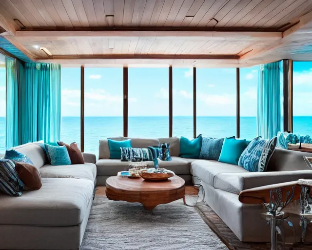 Prompt: A modern living room in a ocean hues style, inspired by the ocean, ocean view, luxurious wooden coffee table, calm, relaxed style, harmony, wide angle shot, 8k resolution