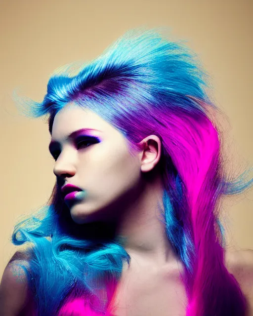 Image similar to a dramatic lighting photo of a beautiful young woman with cotton candy hair. blood splashes with a little bit of cyan and pink