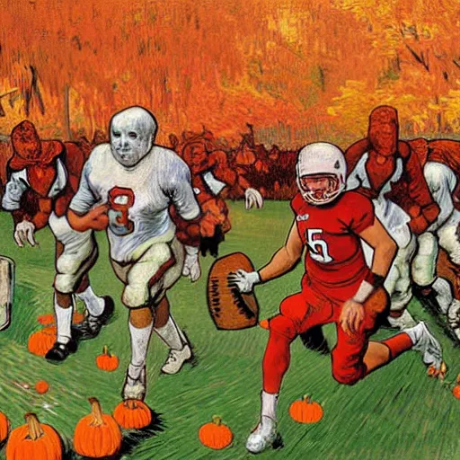 Image similar to painting of arkansas razorbacks playing football with pumpkins at the halloween! party, bubbling cauldron!, candles!, graveyard, gravestones, ghosts, smoke, autumn! colors, elegant, wearing suits!, clothes!, delicate facial features, art by alphonse mucha, vincent van gogh, egon schiele