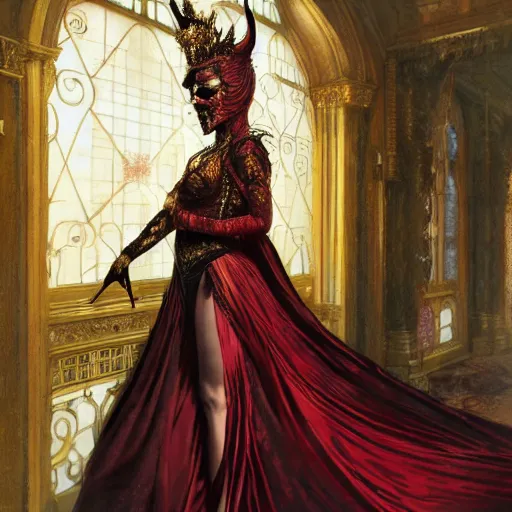 Image similar to an extremely detailed matte painting of a demon queen in a resplendent and ostentatiously beautiful dark red dress with gold trim and black high heeled shoes at a masquerade ball, epic fantasy, viewed in profile from far away, sharp focus, detailed face, art by greg rutkowski and alphonse mucha, volumetric lighting, 4 k resolution, artstation