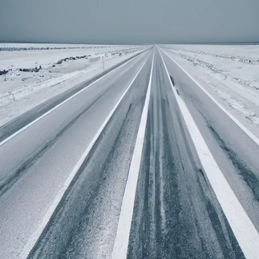 Image similar to an endless motorway in a vast expanse of white nothingness