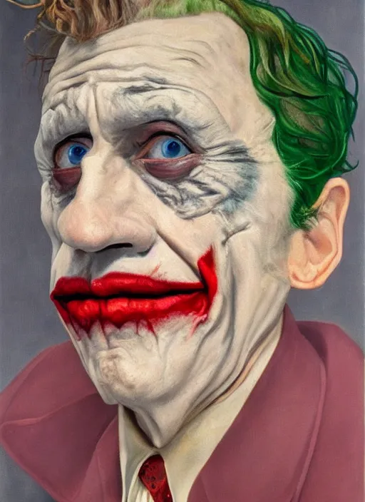 Image similar to The Joker, painted by Lucian Freud, highly detailed, 8k