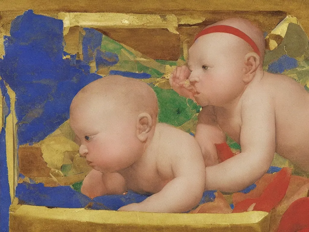 Prompt: close up of baby in a box. lapis lazuli, malachite, cinnabar, gold. painting by piero della francesca, balthus, agnes pelton