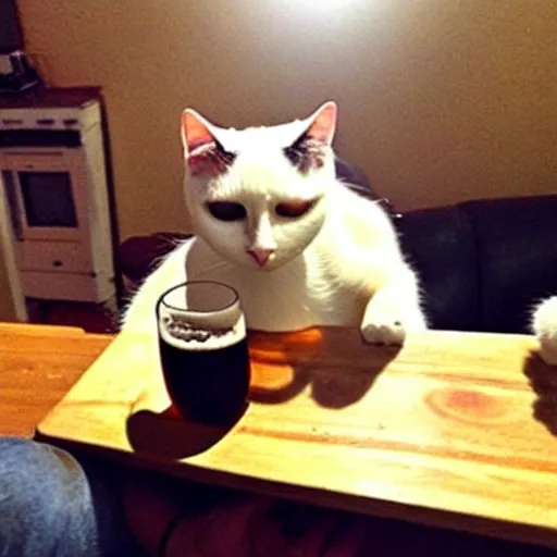 Prompt: Moron cat drinking a beer with his pals