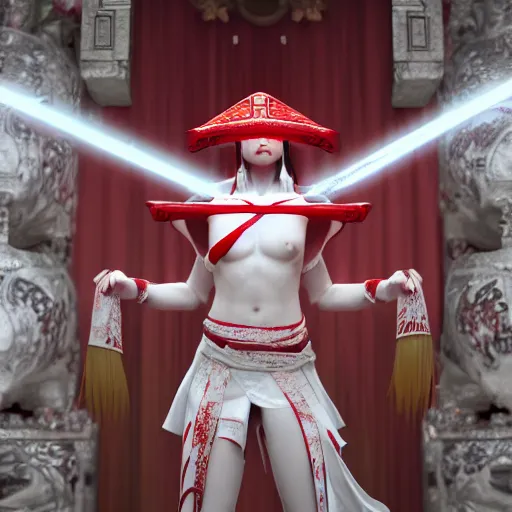 Image similar to albino Asian miko in a shintoist temple, full body, unreal engine octane, red and white, gliter, depth of field, 8k, hyper detailed, trending on artstation