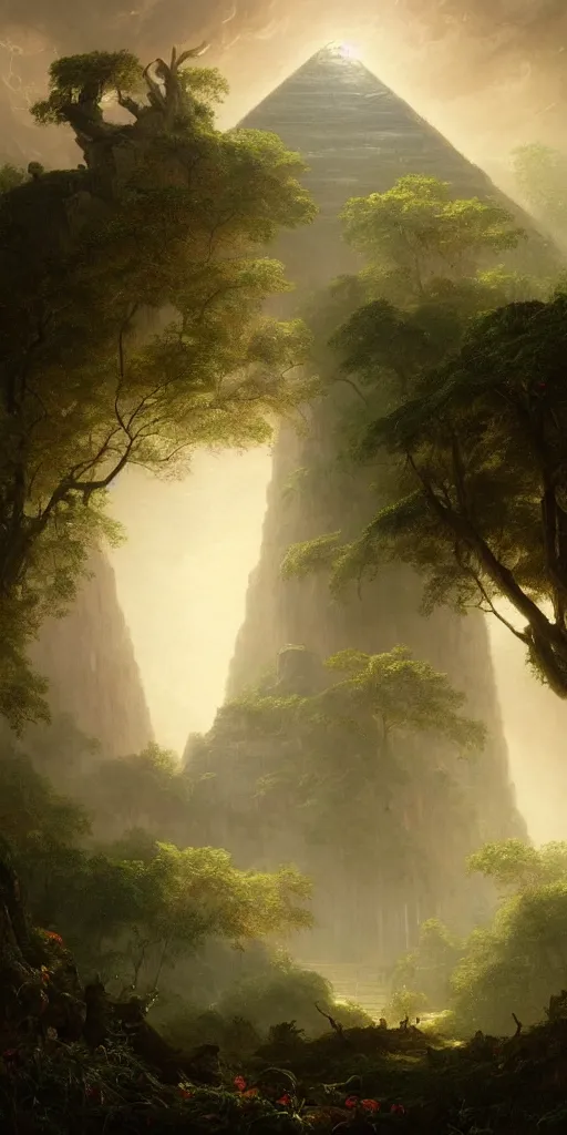 Image similar to ancient pyramid, overgrown undergrowth vegitation, dark volumentric ambient lighting, painting by thomas cole and greg rutkowski