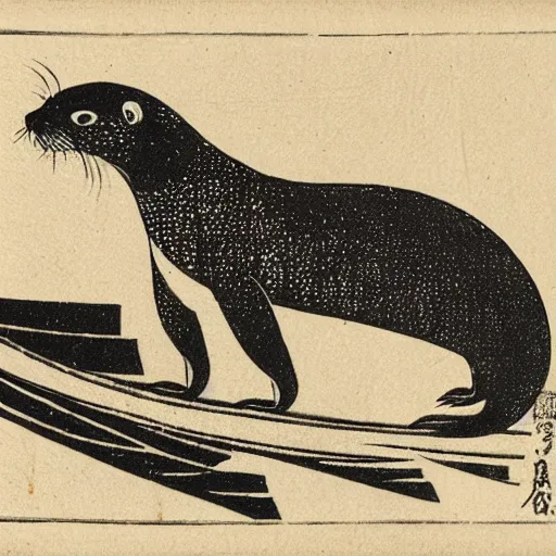 Prompt: woodblock print of an otter riding horseback