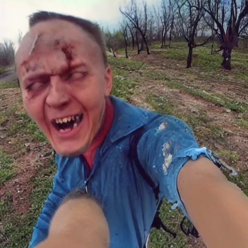 Image similar to last selfie of last alive of frightened funny ukrainian is trying to escape, badly injured from radiation from a huge nuclear explosion, a nuclear missile flies right at him