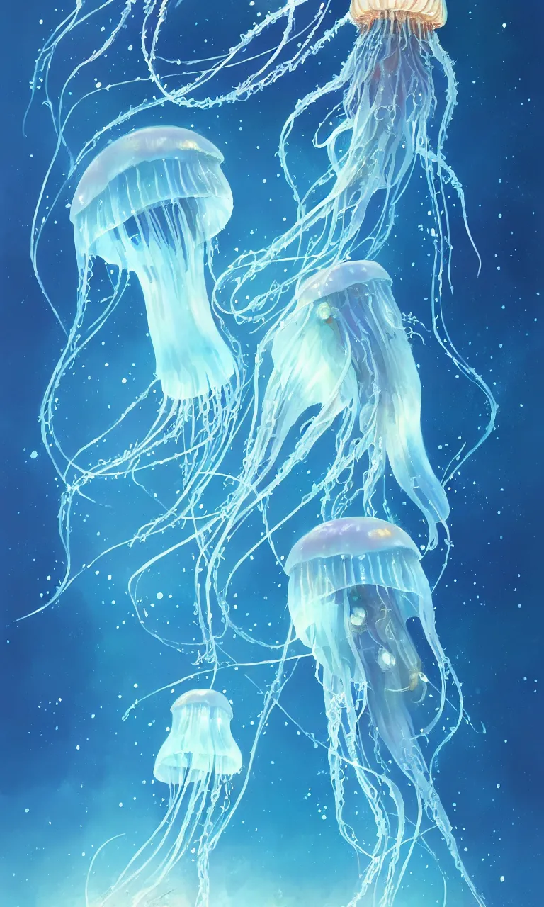 Image similar to detailed jellyfish in space, blue tones, underwater, full frame, highly detailed, digital painting, artstation, concept art, smooth, sharp focus, illustration, art greg rutkowski and alphonse mucha