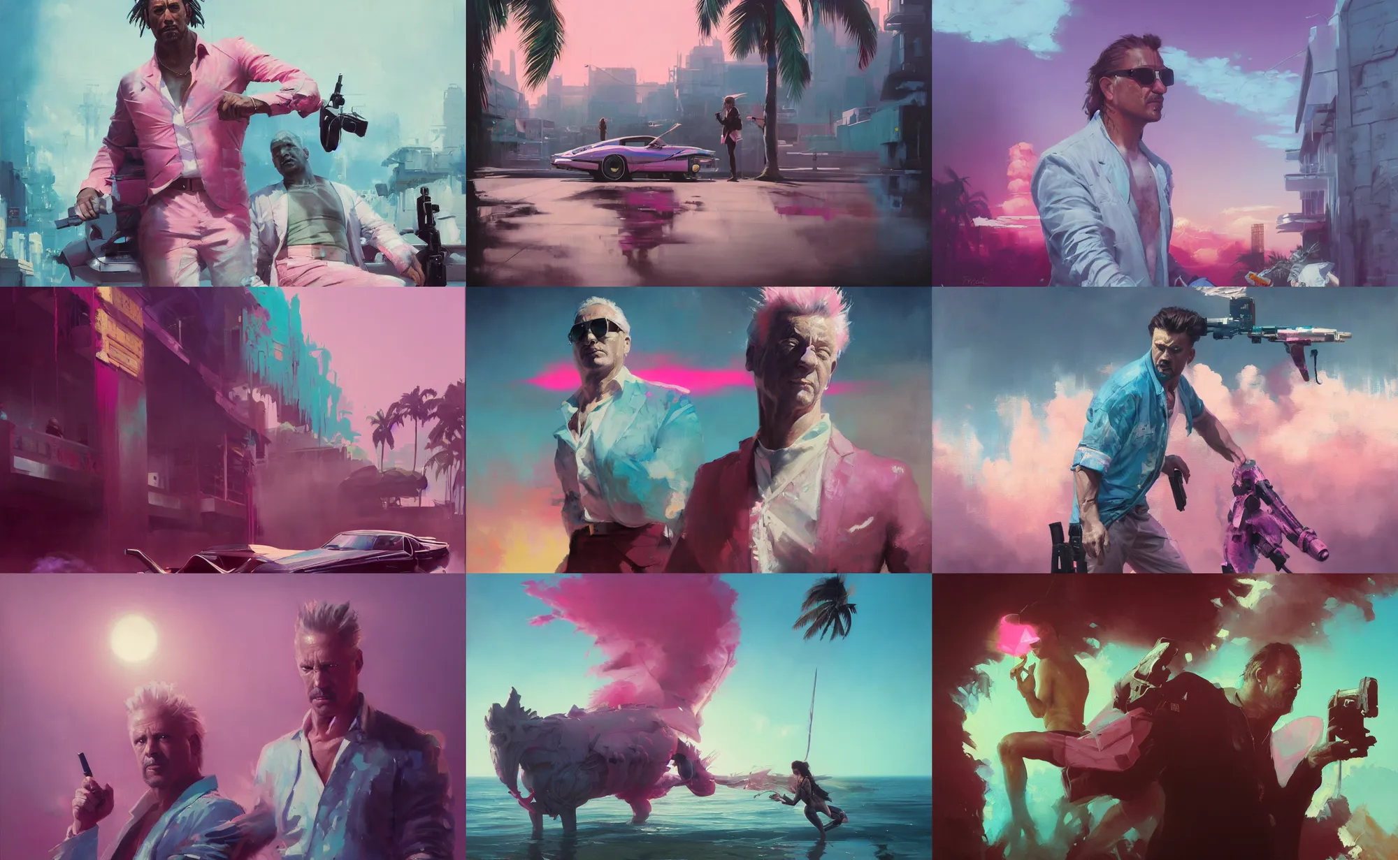 Prompt: an oil painting of miami vice, ultra realistic, highly detailed, brushstrokes, masterpiece, cinematic by frank frazetta, greg rutkowski, beeple, yoko taro, christian macnevin, beeple, wlop, krenz cushart, cgsociety, epic fantasy character art, volumetric lighting, pink and teal