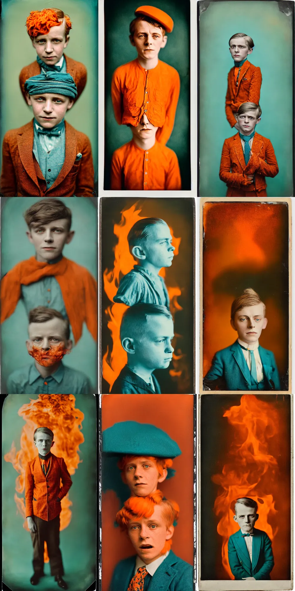 Image similar to kodak portra 4 0 0, wetplate, 8 k, shot of a highly detailed, britt marling style, colour still - life portrait of a lemon looks like a handsome 8 year old boy in hell fire storm, 1 9 2 0 s cloth, 1 9 2 0 s hair, teal and orange, muted coloures