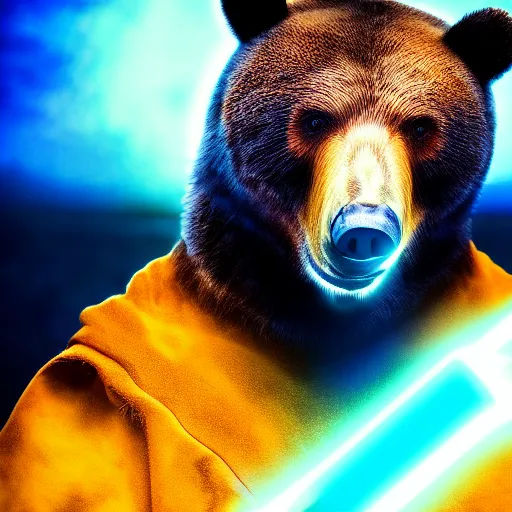 Prompt: portrait photo of bear as a jedi, blue and yellow lighting, dark, cinematic, high quality, 4 k