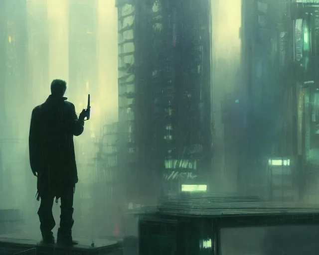 Prompt: 2 0 1 8 blade runner movie young man young clint eastwood western look at the cityscape from roof perfect face fine realistic face pretty face reflective polymer suit tight neon puffy jacket blue futuristic sci - fi elegant by denis villeneuve tom anders zorn hans dragan bibin thoma greg rutkowski ismail inceoglu illustrated sand storm alphonse mucha