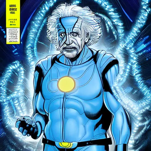 Image similar to a highly detailed digital painting of albert einstein as dr. manhattan from watchmen, comic book cover by mark bagley