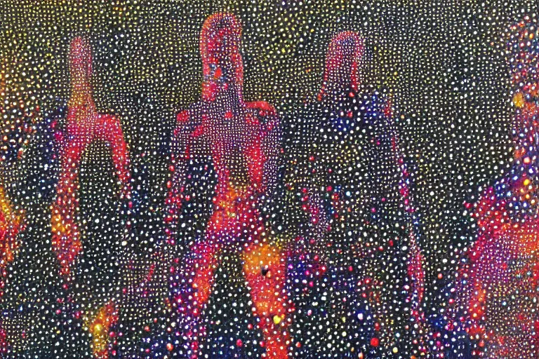 Image similar to teeth, smile, faceless people, black figures, dark, acrylic, clay, dots abstract, dripping, stipple, pointillism, technical, abstract, minimal, style of francis bacon, asymmetry, pulled apart, stretch, cloak, eerie, made of dots, abstraction chemicals, blotter, mask, colored dots, sploch