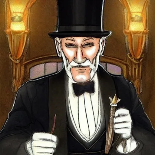 Image similar to older fantasy butler that looks similar to michael kane and patrick stewart, full body portrait, handsome, well groomed mustache, detailed, magic the gathering art style, balding, well dressed, pet rat on shoulder