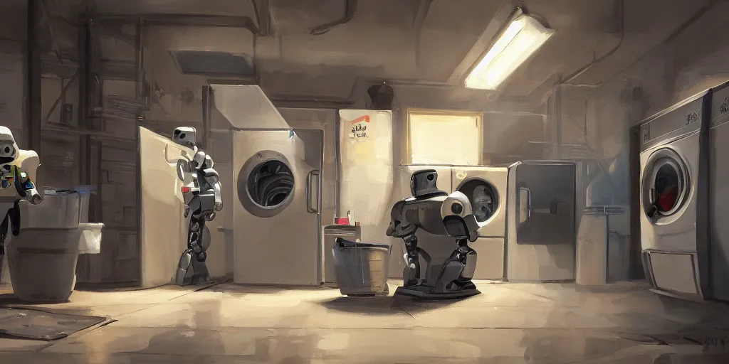 Prompt: detailed painting of a robot doing laundry, artstation