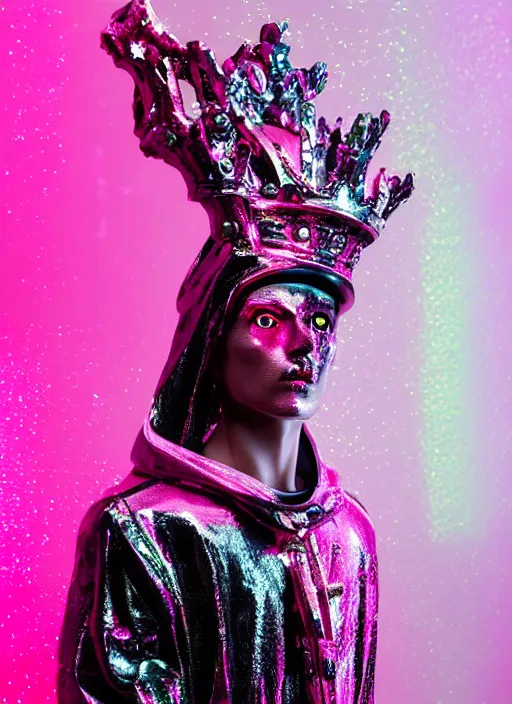 Prompt: photo of baroque and bladerunner delicate neon ruby sculpture of seductive ceramic albino king xavier serrano delicious pink iridescent humanoid deity wearing black fluffy hoody holding diamond skull in a black metallic dungeon, reclining, glowing rainbow face, crown of white diamonds, cinematic lighting, photorealistic, octane render 8 k depth of field 3 d