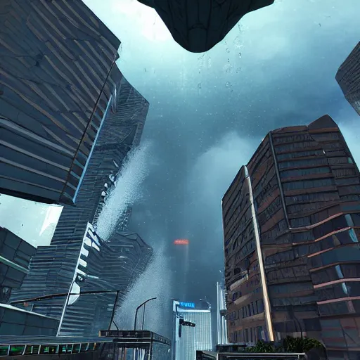 Prompt: low angle looking up towards towering tidal wave about to crash down and swamp Night City 2077, realistic photo, UE5