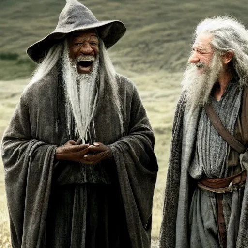 Prompt: Morgan Freeman as Gandalf the Grey laughing with Frodo, still from Lord of the Rings movie, detailed, 4k