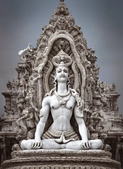 Image similar to wide - angle shot of marble statue of shiva, depth of field, zeiss lens, detailed, symmetrical, centered, fashion photoshoot, by nicoletta ceccoli, mark ryden, lostfish, earl nore, hyung tae, frank frazetta, breathtaking, 8 k resolution, extremely detailed, beautiful, establishing shot, artistic, hyperrealistic, octane render