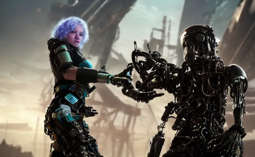 Image similar to biopunk style bounty hunter with one mechanical prosthetic arm and many cybernetics, movie still, cinematic shot