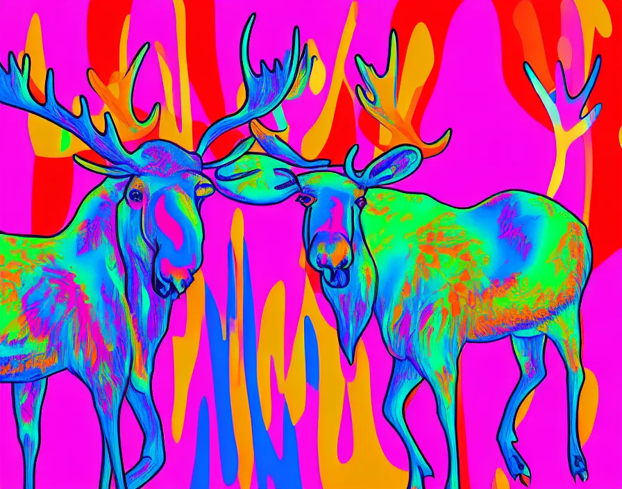 Image similar to moose in 6 0 s kitsch and psychedelia, digital painting, trending on artstation, sharp focus, 4 k