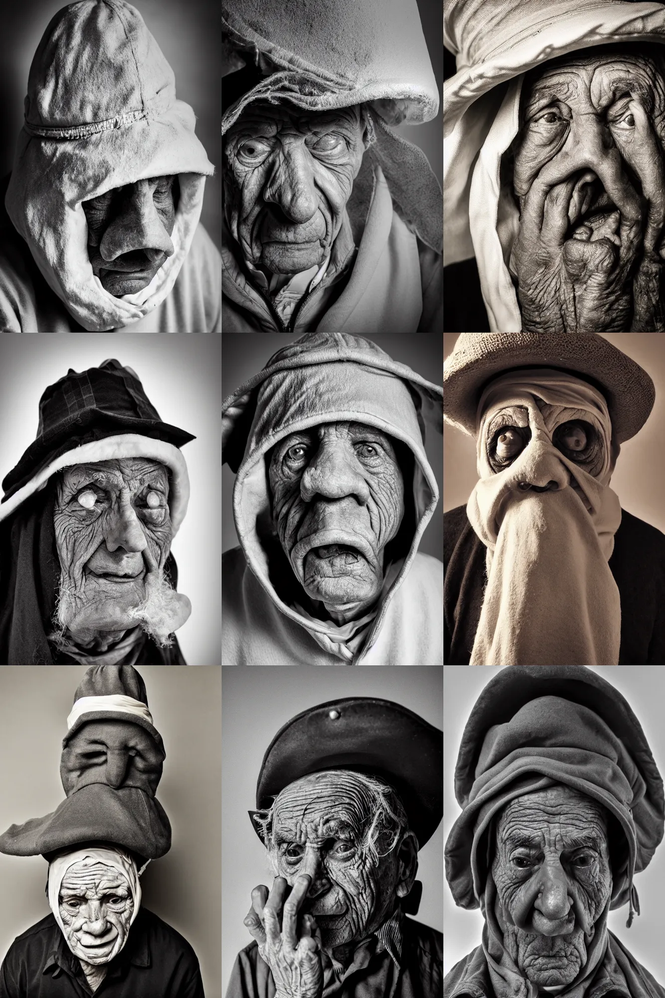 Prompt: high contrast studio portrait of a wrinkled old man wearing a pulcinella mask, begging eyes, baggy cloathing and hat, close - up, backlit, dark mood, nikon, photo by unknown, masterpiece