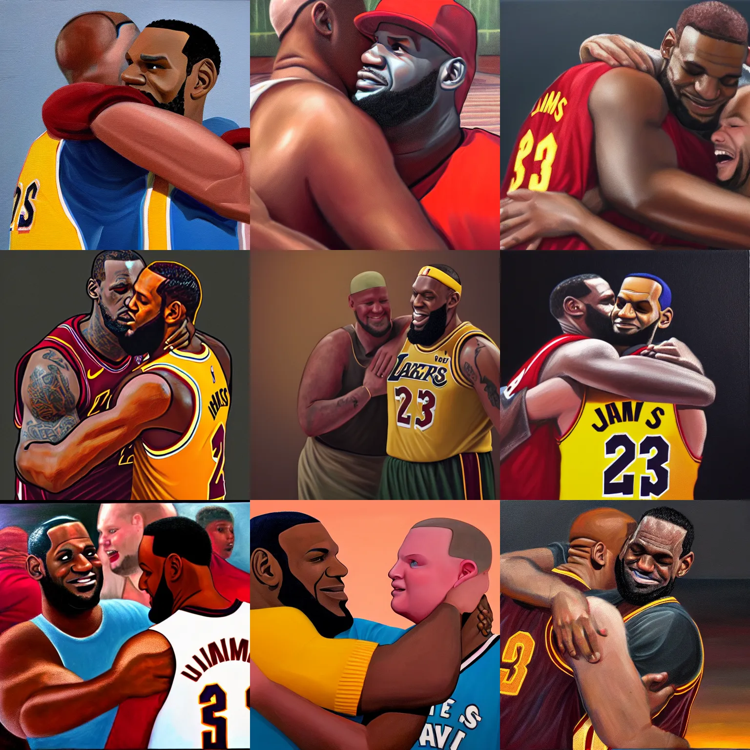 Prompt: bobby hill meets lebron james, warm embrace, oil on canvas, octane render