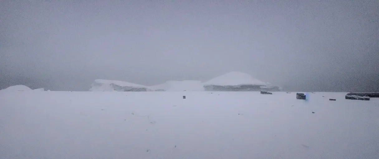 Image similar to a high quality color creepy atmospheric extreme wide angle shot hd 4 k film 3 5 mm photograph of very heavy snow storm a total white out blizzard in a desolate antarctica landscape