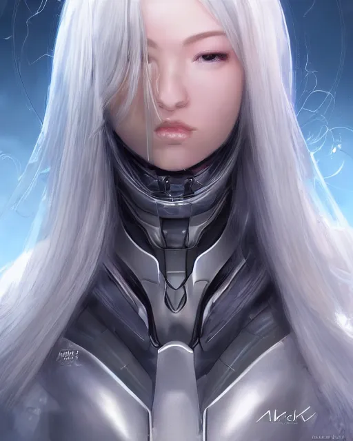 Image similar to detailed portrait of perfect android girl, warframe armor, beautiful face, scifi, futuristic, space station, laboratory, song hye - kyo, dreamy, long white hair, blue cyborg eyes, cinematic lighting, innocent, highly detailed, sharp focus, smooth, artstation, intricate, award winning, pure aura, divine, by akihiko yoshida