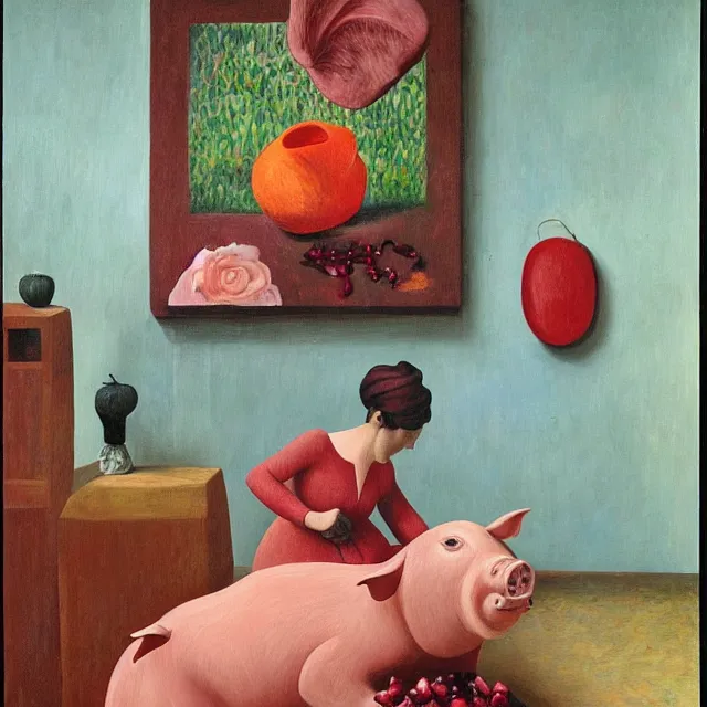 Image similar to a female art student in her apartment, sculpture work in progress, pig, pomegranate, acrylic on canvas, surrealist, by magritte and monet