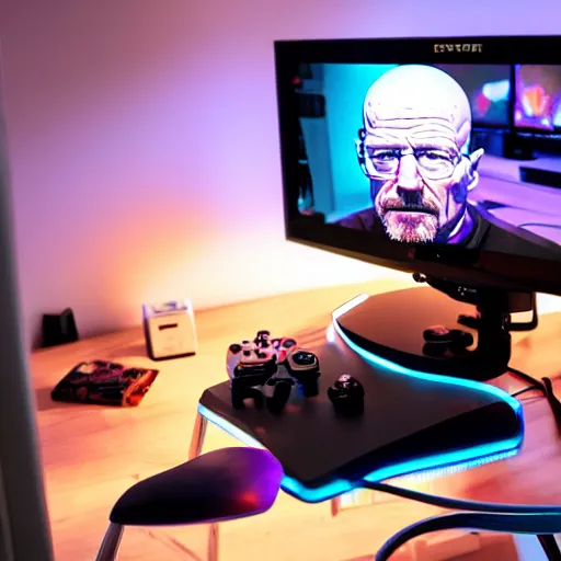 Prompt: dslr photo of walter white as a twitch streamer, playing video games, room lit with leds