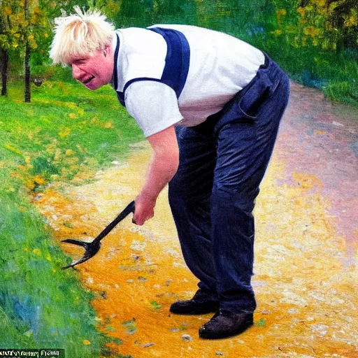 Image similar to An impressionist painting of Boris Johnson doing community service in a high vis vest, he is picking litter on a British street
