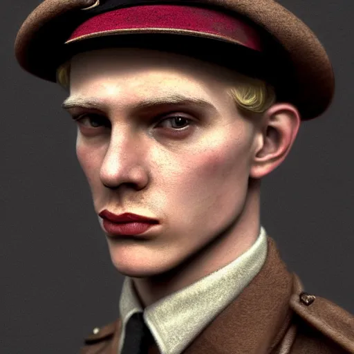 Prompt: A Hearts of Iron IV portrait of a blond young English male actor with high cheekbones. Dressed in 1940s style. Highly detailed, fine Art, high detail, great lighting, 8k resolution, masterpiece, concept art, illustration, clear eyes, painting oil on canvas, octane render, HDR, trending on artstation, 4k, 8k, HD