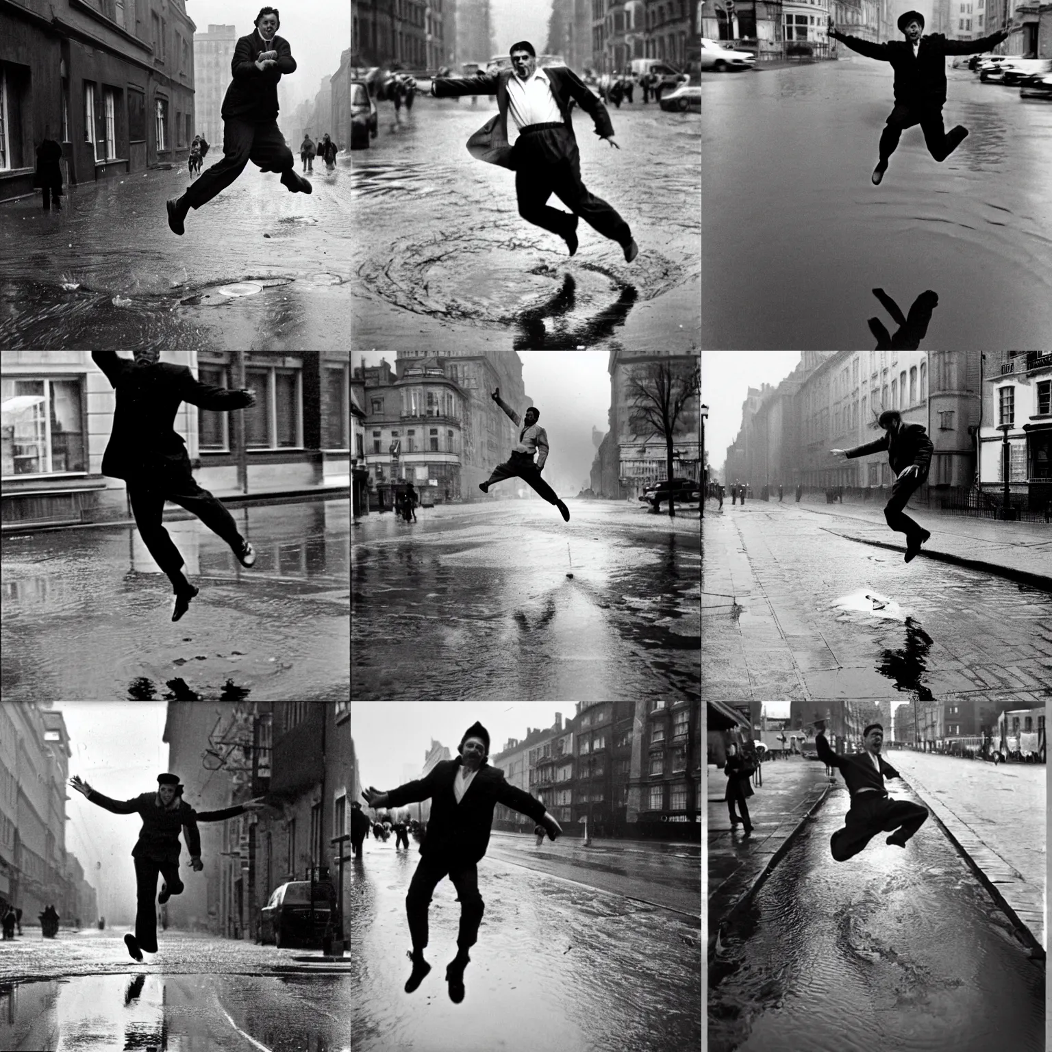 Prompt: A man jumping over a large puddle in the street, photographed by Henri Cartier-Bresson on a Leica camera, the decisive moment