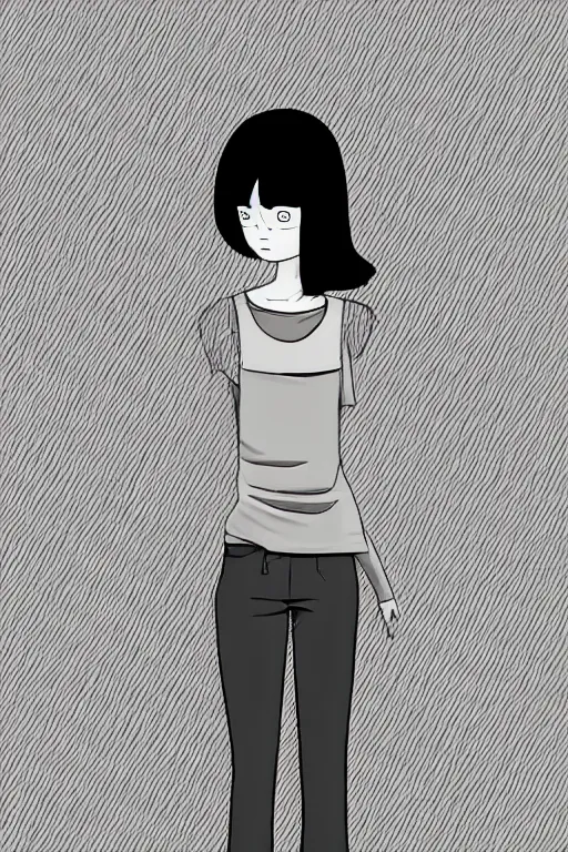 Image similar to portrait of a girl in long pants and a top, hands in pockets, eyes closed, bob haircut, digital art, black and white, lineart by junji ito