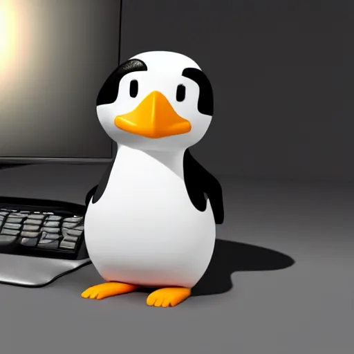 Prompt: pingu sitting behind a computer, 3 d render,, art, epic lighting