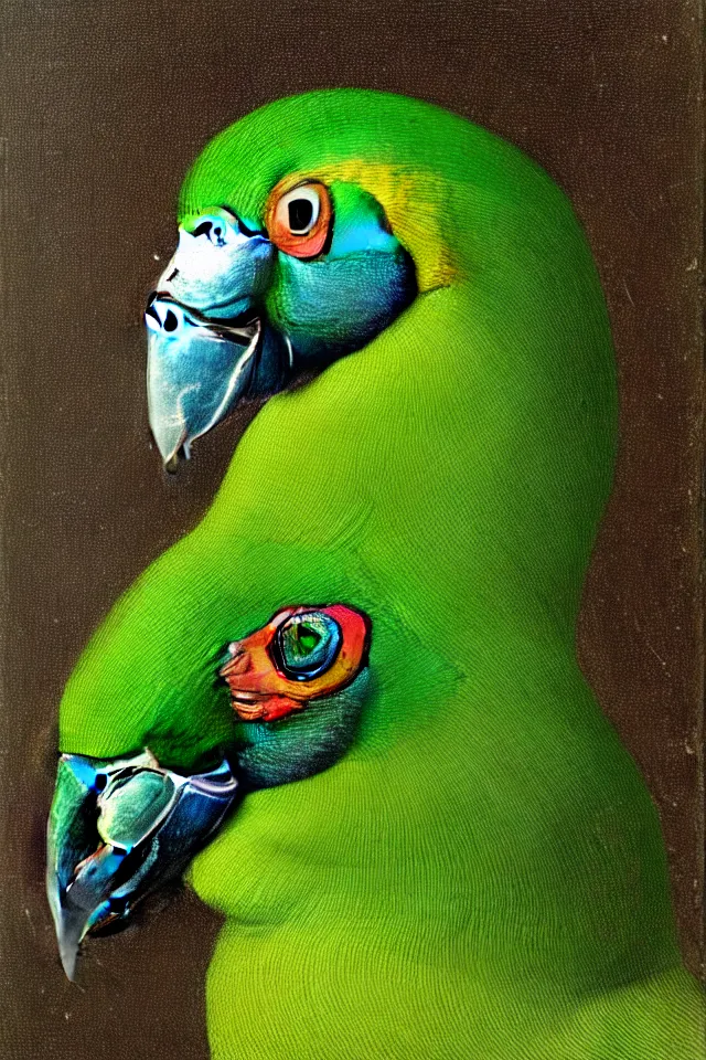 Image similar to a renaissance close up portrait of a green duck parrot as a ninja turtle, centered, triumphant, beautiful intricate painting