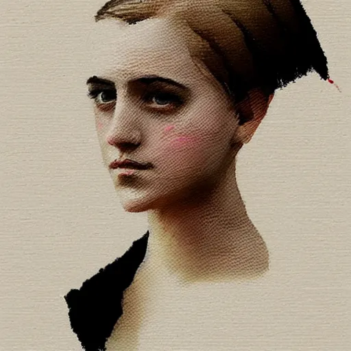 Image similar to portrait of emma watsons in the style of a dot matrix printer print out, art by greg rutkowski