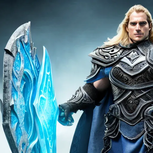 Image similar to Henry Cavill as Arthas Menethil in World of Warcraft, promo shoot, studio lighting