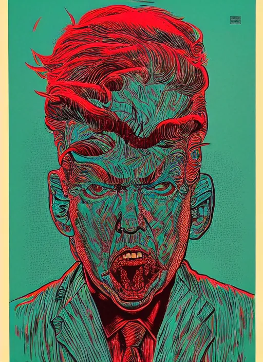 Image similar to risograph of donald trump's grotesque true form revealed, horror, high details, intricate details, by vincent di fate, artgerm julie bell beeple, 1 9 8 0 s, inking, vintage 8 0 s print, screen print