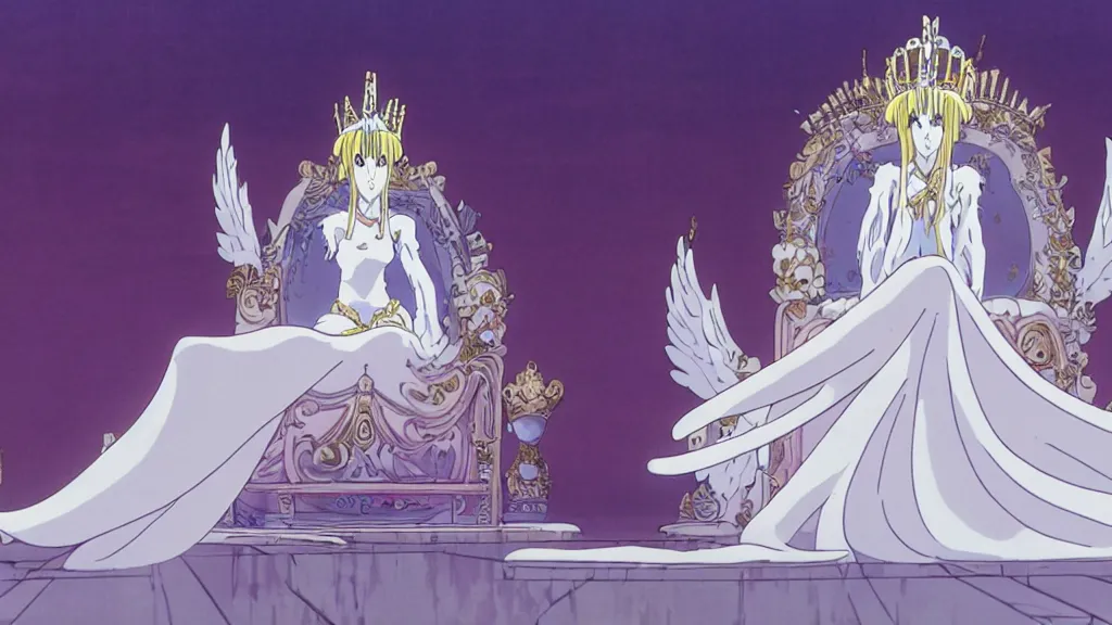 Image similar to a queen dressed as a white swan, wearing a swan mask, sitting in her white stone throne room, anime film still from the an anime directed by katsuhiro otomo with art direction by salvador dali, wide lens