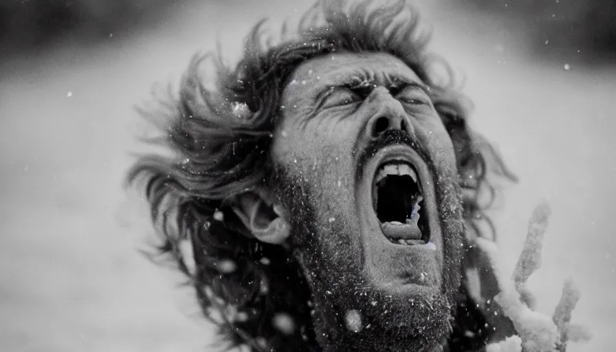 Image similar to 1 9 6 0 s movie still close up of marcus aurelius screaming frozen to death on a river shore with gravel, frozen hair, pine forests, cinestill 8 0 0 t 3 5 mm b & w, high quality, heavy grain, high detail, texture, dramatic light, anamorphic, hyperrealistic, detailed hair foggy