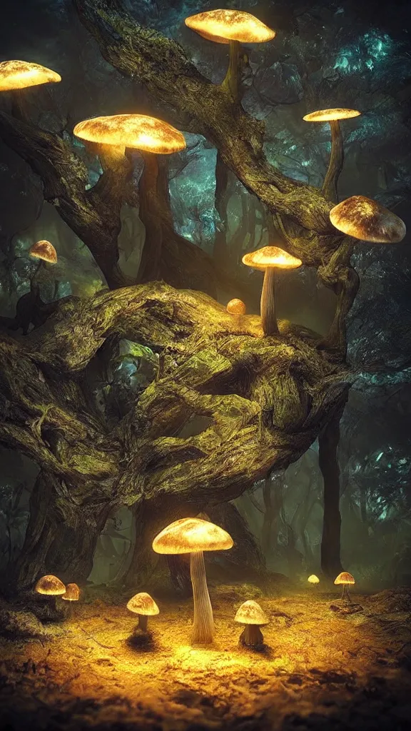 Prompt: “bioluminescent mushrooms, Artstation HQ, photorealistic, hiperrealistic, sharp focus, 4k UHD, Unreal Engine 5, cinematic shot, cinematic lightning, dark tones, high contrast, intricate, masterpiece”