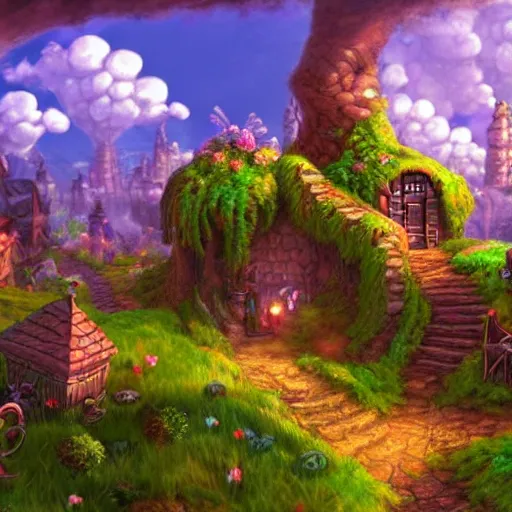 Prompt: A fantastical village inhabited by fairies, side-scrolling 2d platformer game level, swirling clouds, fantasy magical vegetation, dramatic dusk sun illuminates areas, volumetric light , detailed carved ornaments, rich color, upscale , 8k