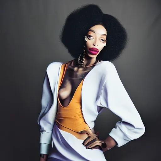 Image similar to realistic photoshooting for a new balenciaga lookbook, vhs colour photography, portrait of model Winnie Harlow woman, in style of Tyler Mitchell, 35mm,