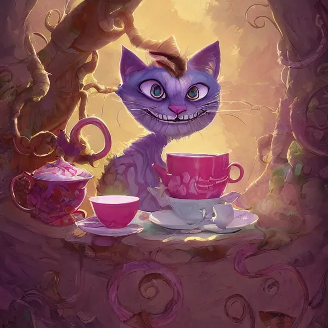 Image similar to cheshire cat drinking tea, by cory loftis, character art, very coherent, exquisite lighting, whimsical background, lighthearted, soft painting, masterpiece